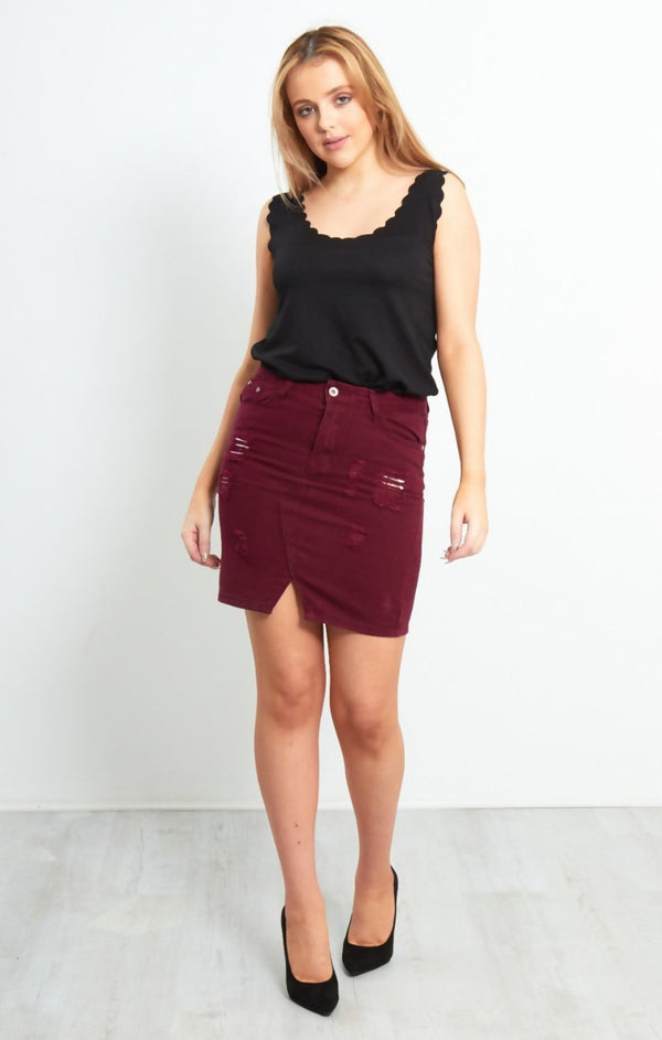 femme luxe Wine Distressed Denim Skirt - Donelia