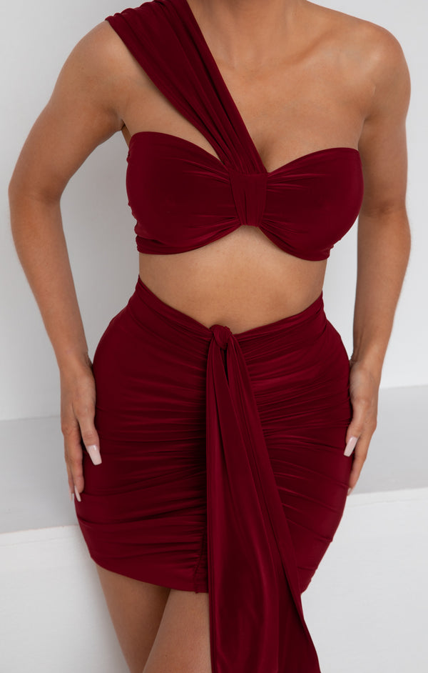 Femme Luxe Wine Ruched Knot Skirt - Carter