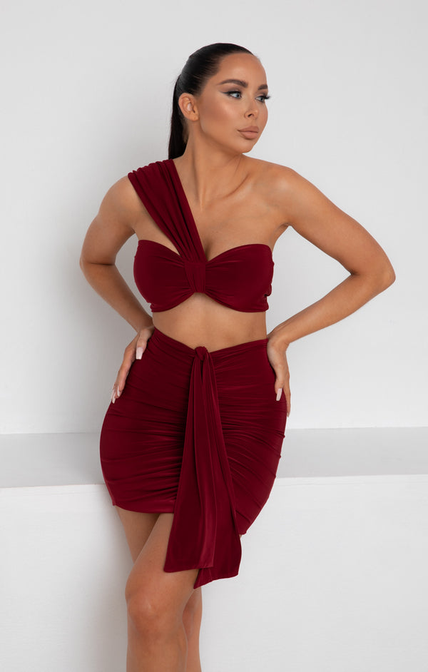 femme luxe Wine Ruched Knot Skirt - Carter