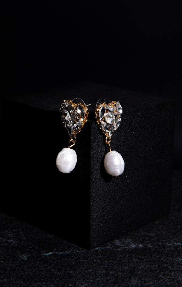 femme luxe Gold Diamante Heart & Pearl Earrings - Pamela