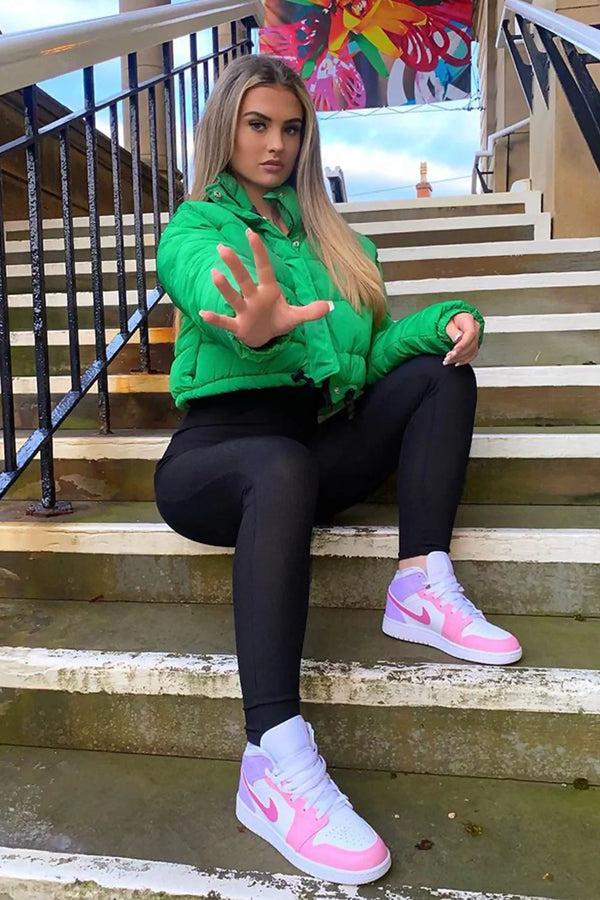 Femme Luxe Green High Neck Padded Cropped Puffer Jacket - Khlo