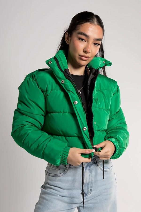 Femme Luxe Green High Neck Padded Cropped Puffer Jacket - Khlo