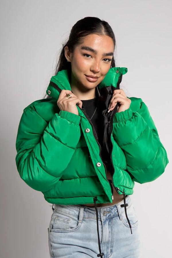 Femme Luxe Green High Neck Padded Cropped Puffer Jacket - Khlo