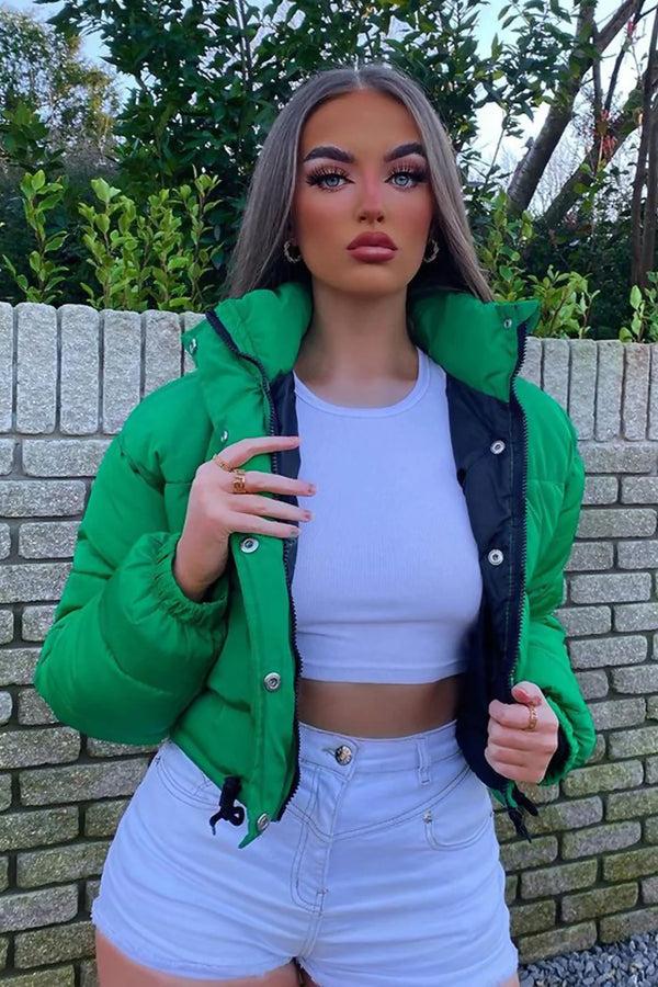 femme luxe Green High Neck Padded Cropped Puffer Jacket - Khlo