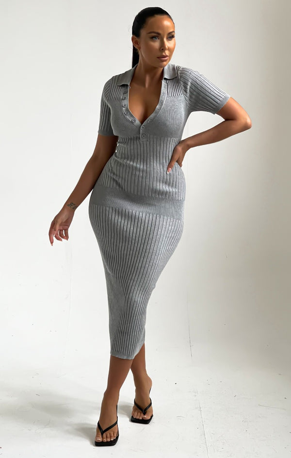 Femme Luxe Grey Buttoned Up Short Sleeve Open Back Maxi Dress - Micaela