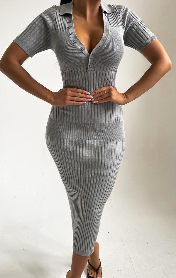Femme Luxe Grey Buttoned Up Short Sleeve Open Back Maxi Dress - Micaela