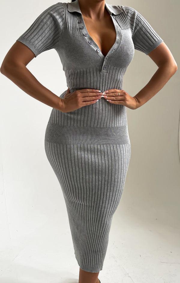 femme luxe Grey Buttoned Up Short Sleeve Open Back Maxi Dress - Micaela