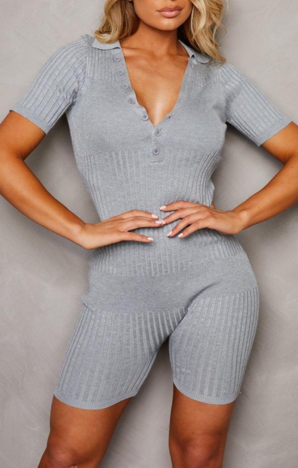 Femme Luxe Grey Buttoned Up Short Sleeve Ribbed Playsuit - Allegra