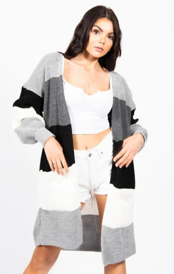 Femme Luxe Grey Colour Block Longline Cardigan - Serenzia