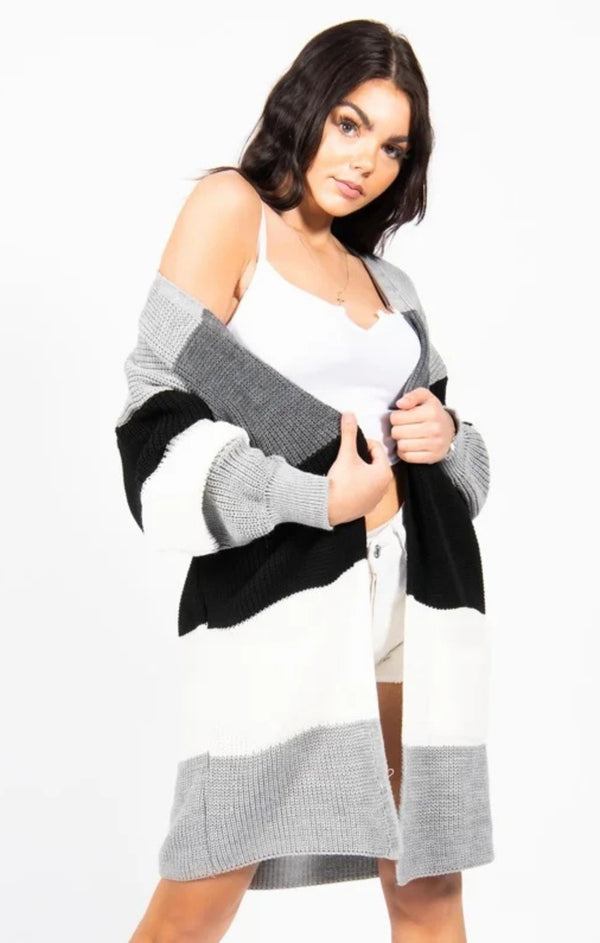 femme luxe Grey Colour Block Longline Cardigan - Serenzia