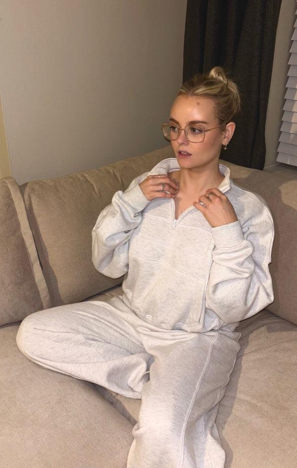 Femme Luxe Grey Contrast Striped Stand Collar Sweatshirt With Wide Leg Trouser - Elara