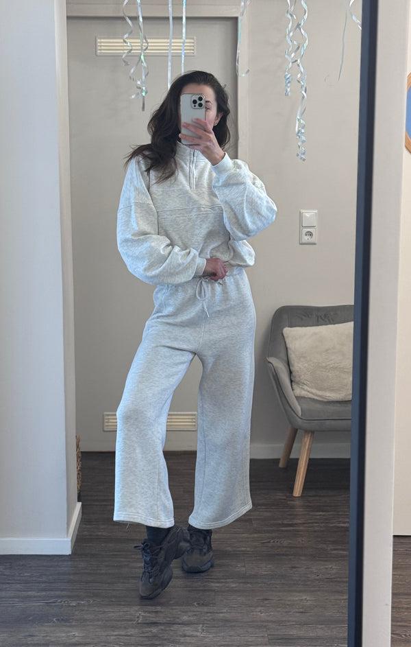 Femme Luxe Grey Contrast Striped Stand Collar Sweatshirt With Wide Leg Trouser - Elara