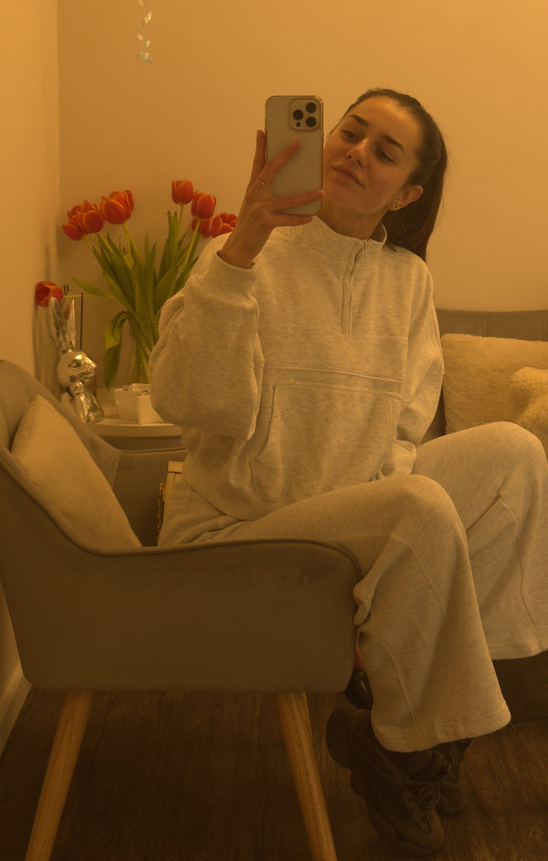 Femme Luxe Grey Contrast Striped Stand Collar Sweatshirt With Wide Leg Trouser - Elara