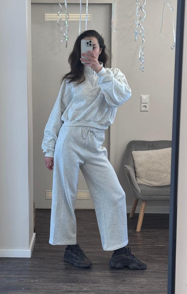 femme luxe Grey Contrast Striped Stand Collar Sweatshirt With Wide Leg Trouser - Elara