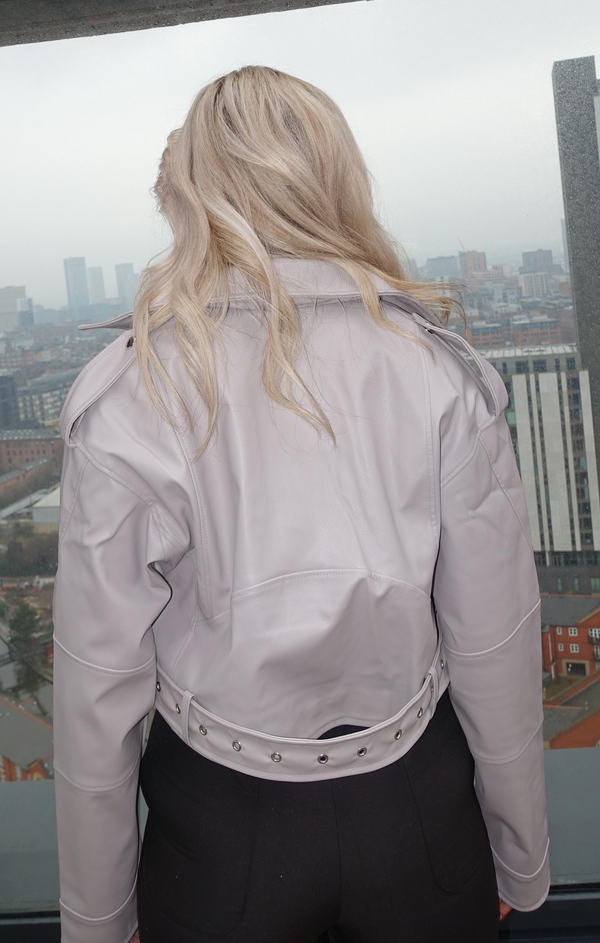 Femme Luxe Grey Faux Leather Cropped Belted Biker Jacket - Kiera