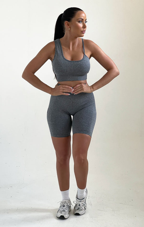 Femme Luxe Grey Fitted Bralette And Shorts Activewear Set - Gaia