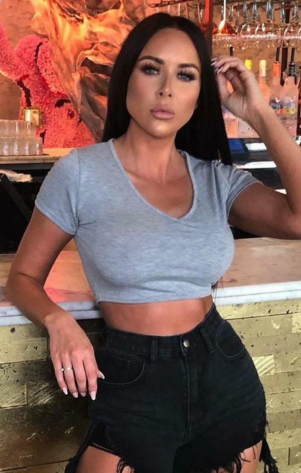 Femme Luxe Grey Fitted Short Sleeve Crop T-Shirt - Zayni