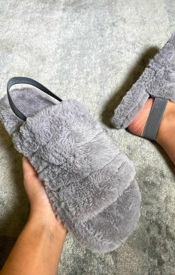 femme luxe Grey Fluffy Faux Fur Elasticated Back Flatform Slippers - Amara