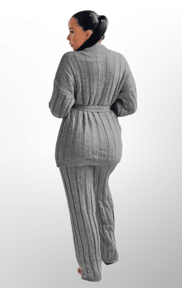 Femme Luxe Grey High Neck Belted Knit Loungewear Set - Alliyah