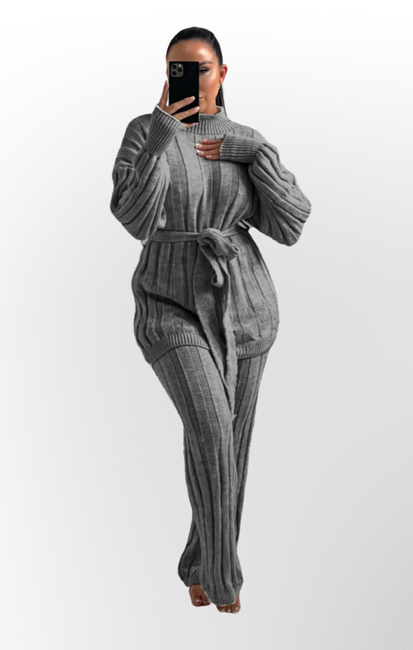 Femme Luxe Grey High Neck Belted Knit Loungewear Set - Alliyah
