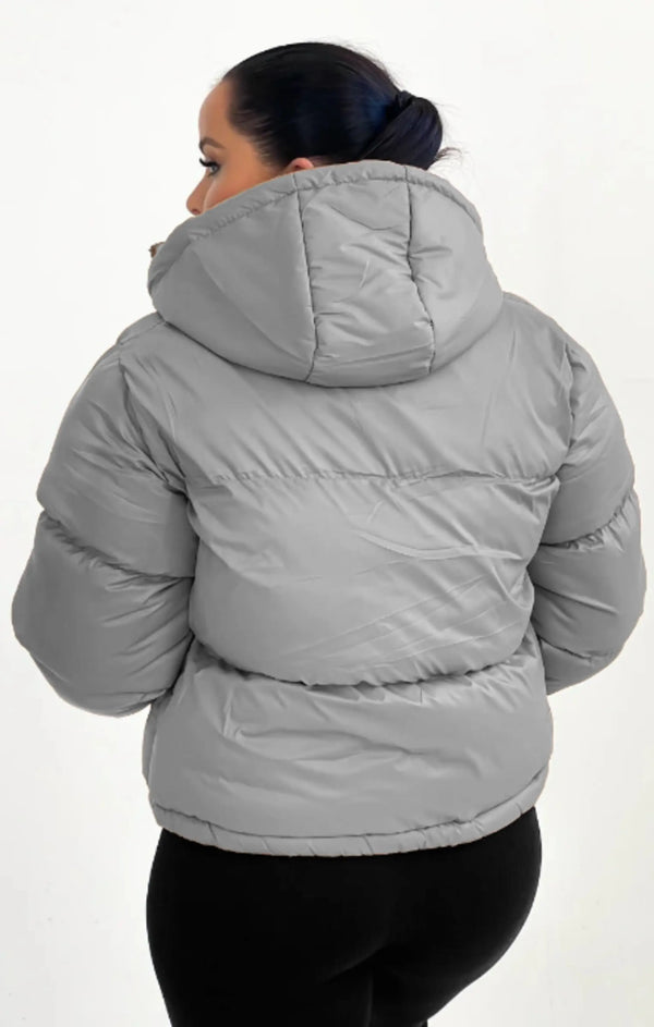 Femme Luxe Grey Hooded Drawstring Cropped Puffer Jacket - Stacey
