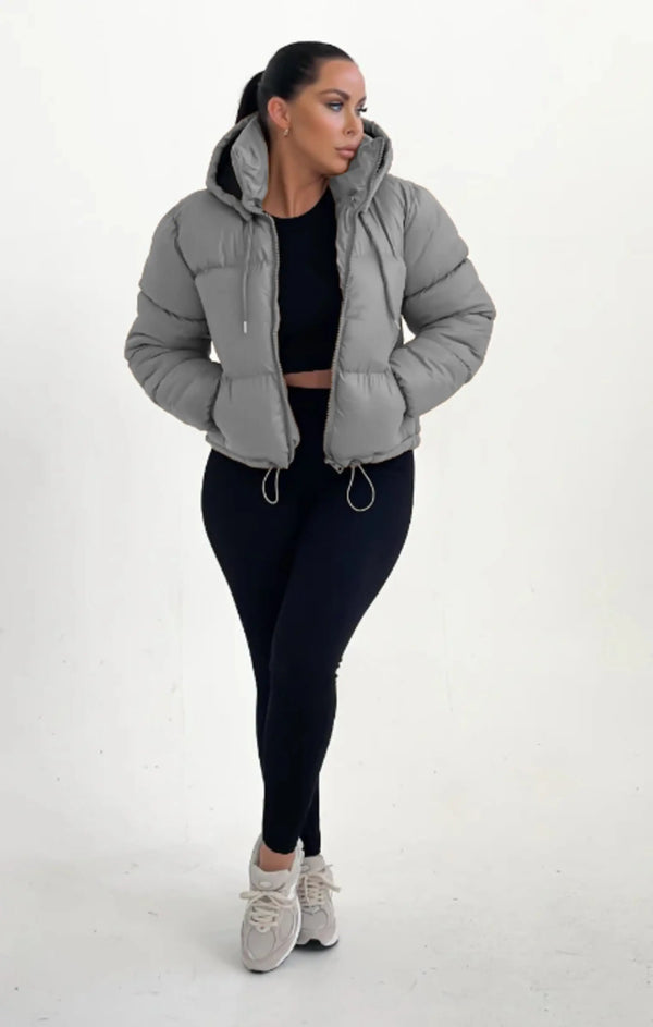 femme luxe Grey Hooded Drawstring Cropped Puffer Jacket - Stacey