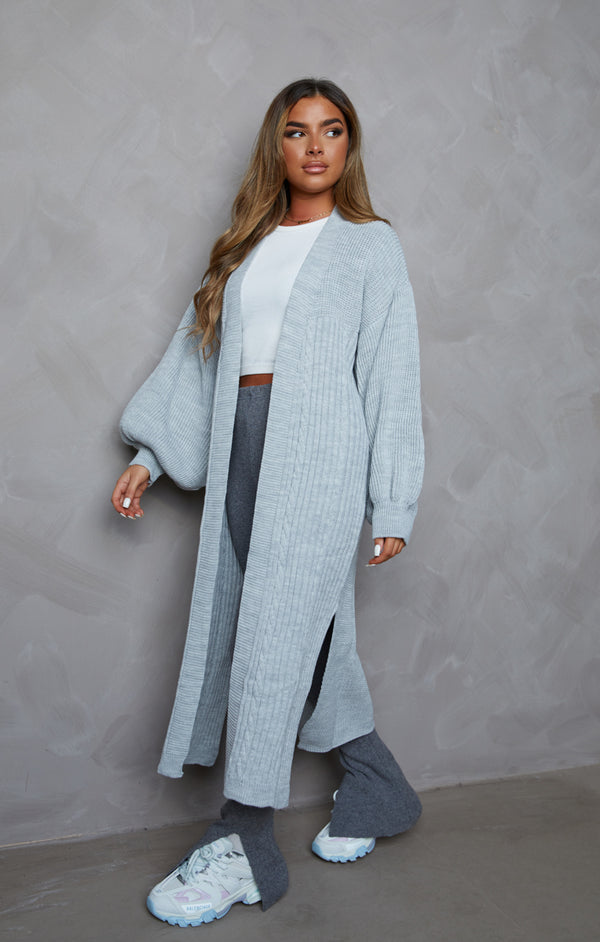 Femme Luxe Grey Knitted Balloon Sleeve Side Split Longline Midi Cardigan- Emmy