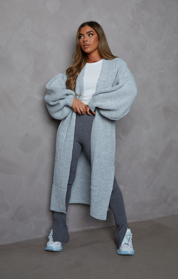 femme luxe Grey Knitted Balloon Sleeve Side Split Longline Midi Cardigan- Emmy