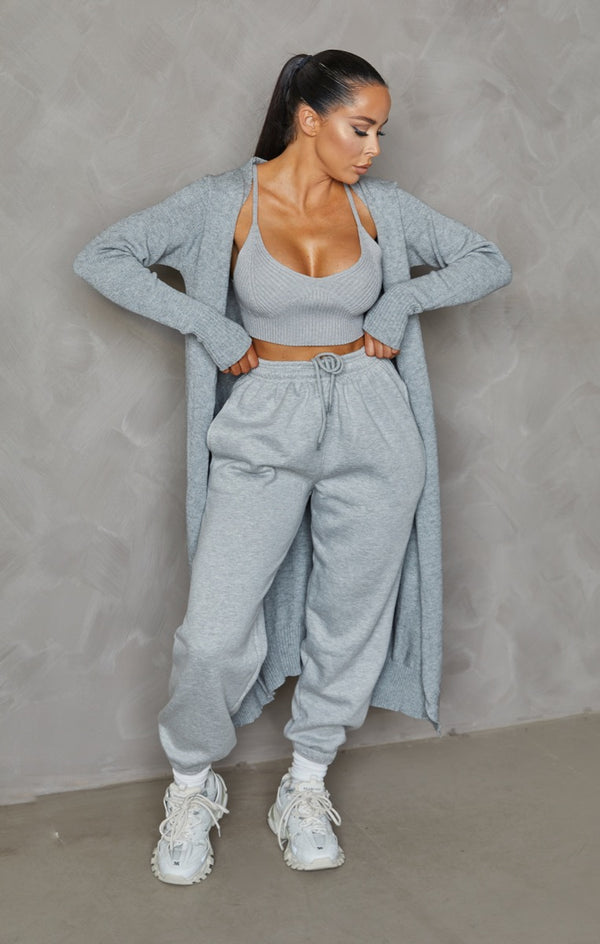 Femme Luxe Grey Knitted Long Sleeve Longline Midi Cardigan - Kiana