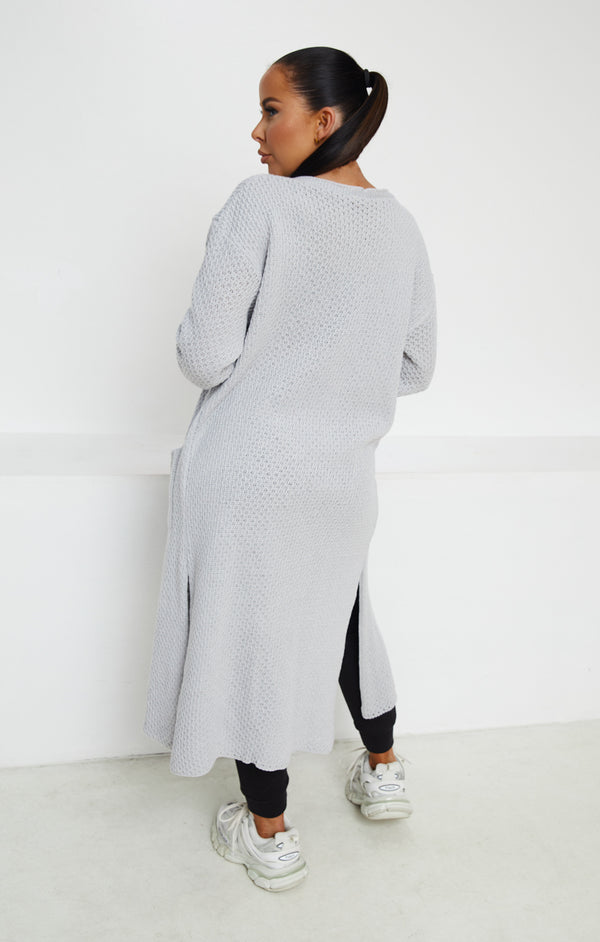 Femme Luxe Grey Knitted Long Sleeve Side Split Longline Midi Cardigan - Avery