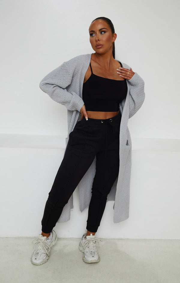 Femme Luxe Grey Knitted Long Sleeve Side Split Longline Midi Cardigan - Avery