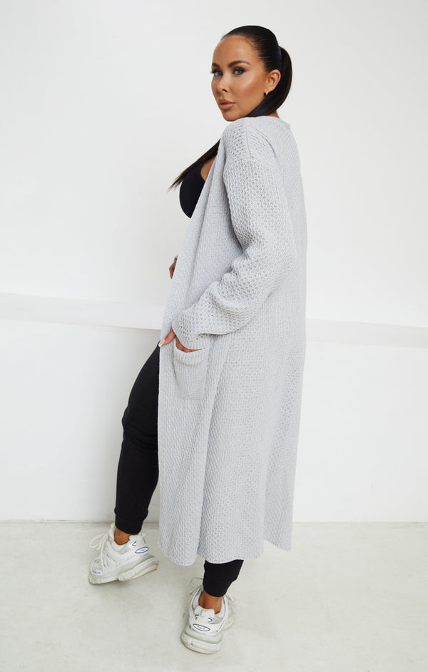 Femme Luxe Grey Knitted Long Sleeve Side Split Longline Midi Cardigan - Avery