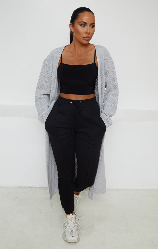 femme luxe Grey Knitted Long Sleeve Side Split Longline Midi Cardigan - Avery