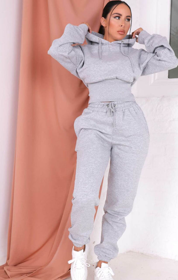 Femme Luxe Grey Marl Long Sleeve Cropped Fleece Hoodie & Cuffed Joggers Loungewear Set - Layla