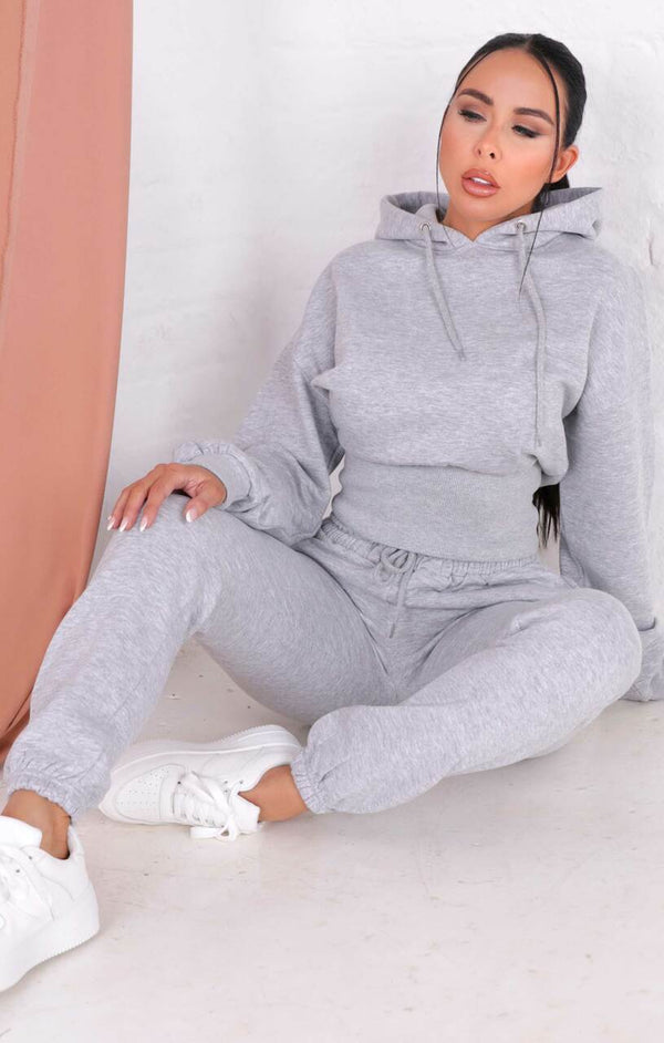 Femme Luxe Grey Marl Long Sleeve Cropped Fleece Hoodie & Cuffed Joggers Loungewear Set - Layla