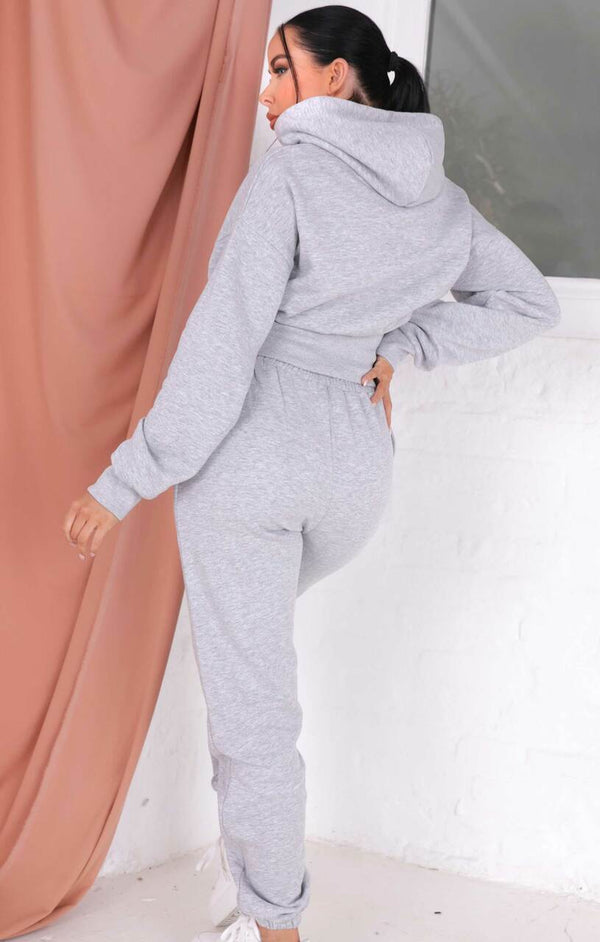Femme Luxe Grey Marl Long Sleeve Cropped Fleece Hoodie & Cuffed Joggers Loungewear Set - Layla