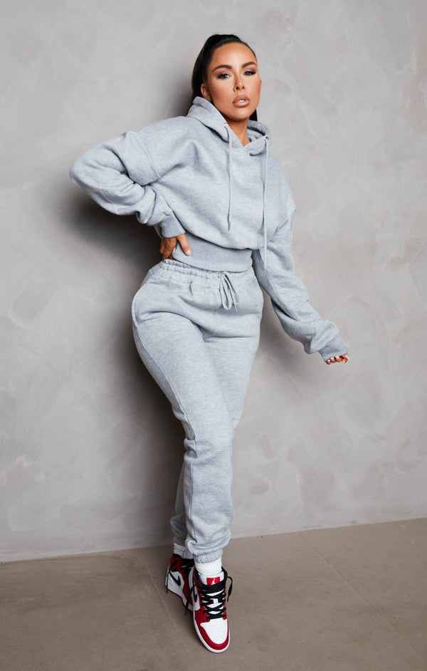 femme luxe Grey Marl Long Sleeve Cropped Fleece Hoodie & Cuffed Joggers Loungewear Set - Layla