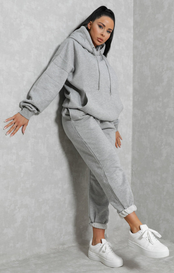 Femme Luxe Grey Marl Oversized Front Pocket Pullover Hoodie Cuffed Joggers Loungewear Set - Alexia