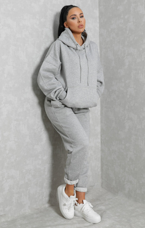 Femme Luxe Grey Marl Oversized Front Pocket Pullover Hoodie Cuffed Joggers Loungewear Set - Alexia