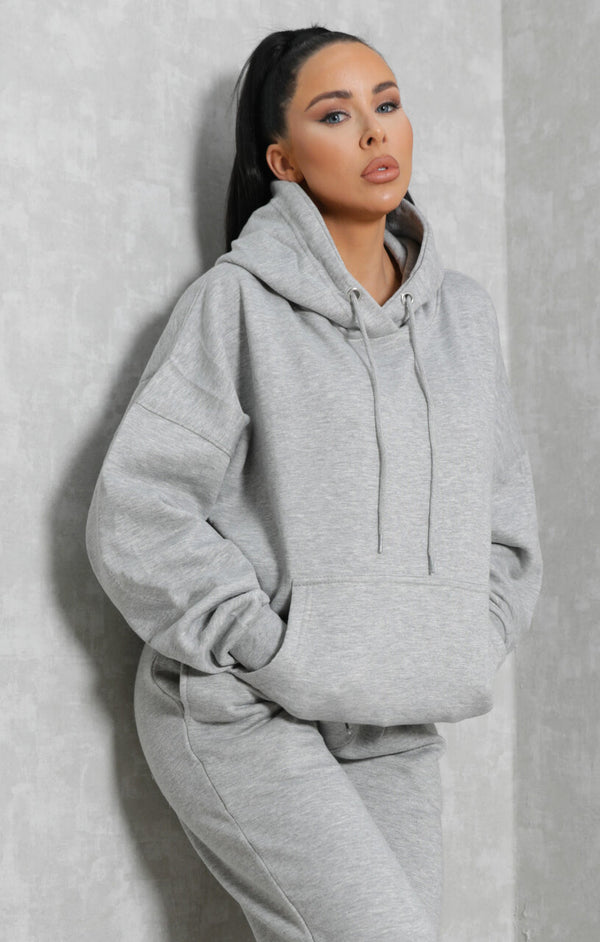 femme luxe Grey Marl Oversized Front Pocket Pullover Hoodie Cuffed Joggers Loungewear Set - Alexia