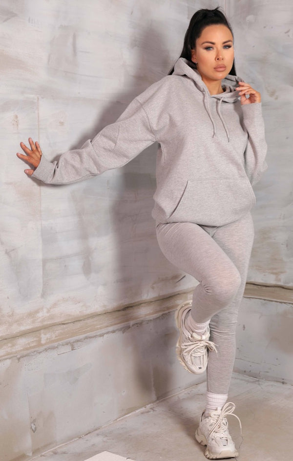 Femme Luxe Grey Marl Oversized Long Sleeve Front Pocket Drawstring Fleece Hoodie - Stella