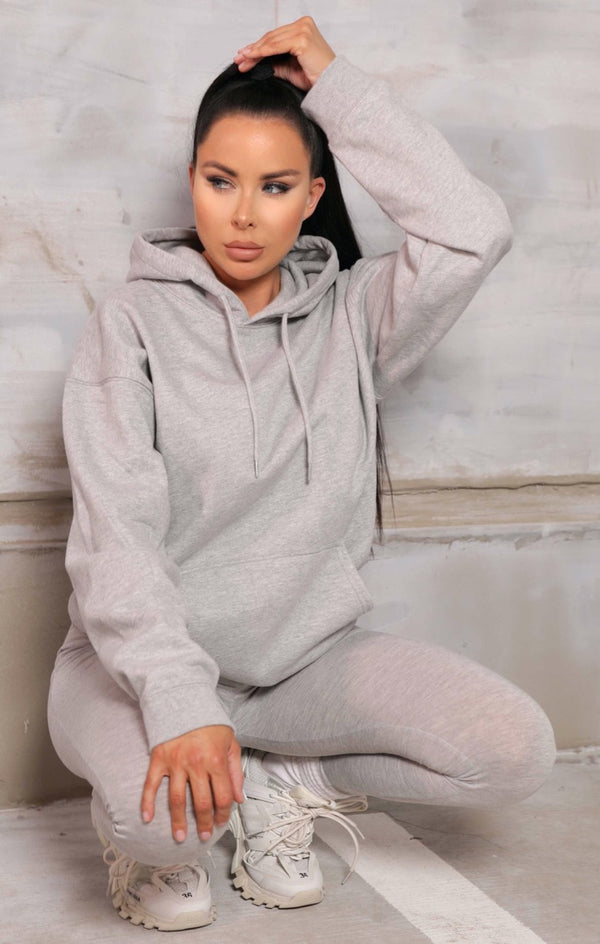 femme luxe Grey Marl Oversized Long Sleeve Front Pocket Drawstring Fleece Hoodie - Stella