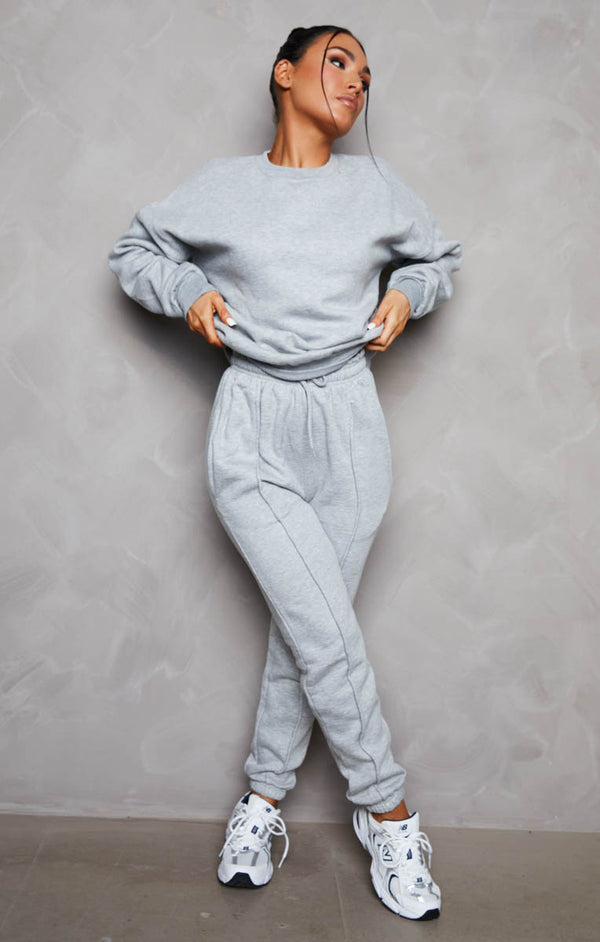 femme luxe Grey Marl Oversized Sweatshirt & Front Seam Joggers Loungewear Set - Seville