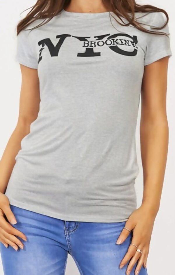 Femme Luxe Grey ‘NYC Brooklyn’ Slogan Print T-Shirt - Elissara