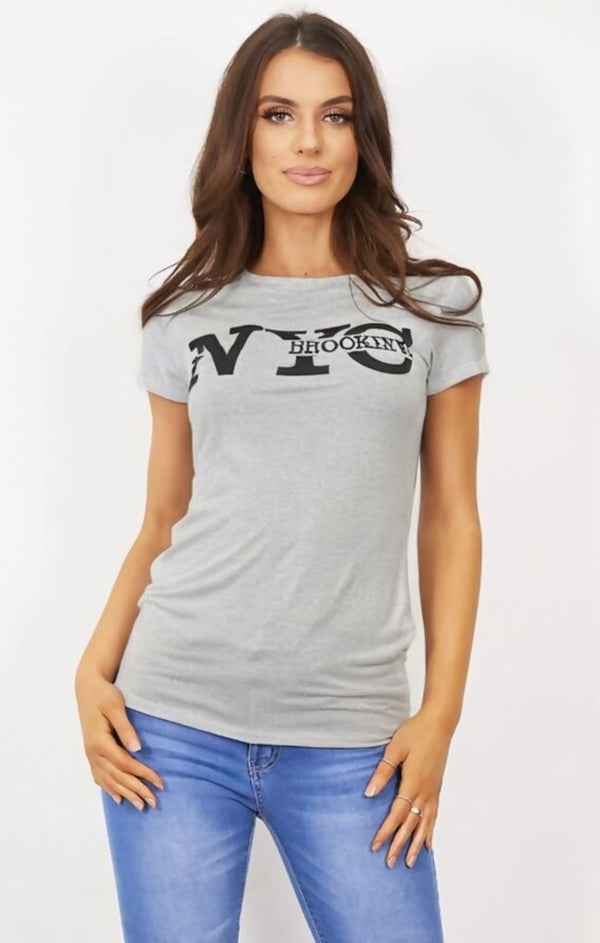 femme luxe Grey ‘NYC Brooklyn’ Slogan Print T-Shirt - Elissara