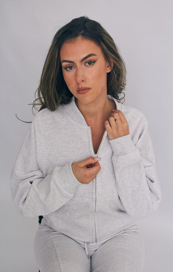 Femme Luxe Grey Oatmeal Bomber Sweatshirt With Straight Leg Jogger-Diana