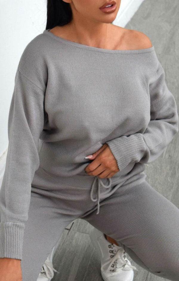 Femme Luxe Grey Off The Shoulder Jumper & Drawstring High Waisted Joggers Knitted Loungewear Set - Christina