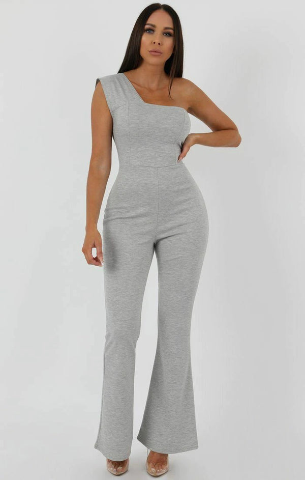 Femme Luxe Grey One Shoulder Ribbed Flare Jumpsuit - Clara