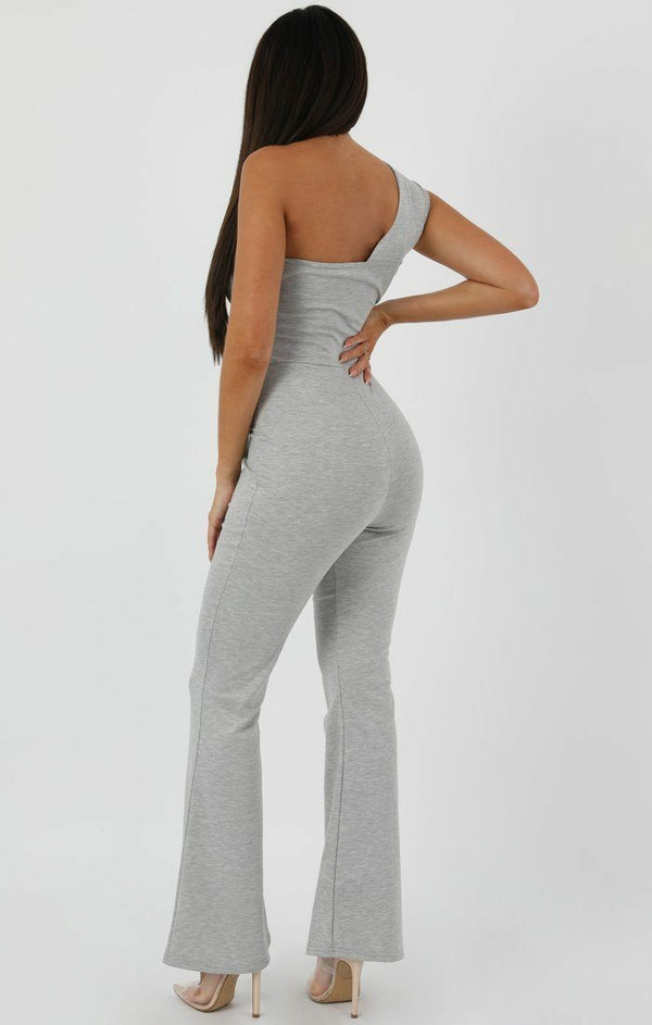 Femme Luxe Grey One Shoulder Ribbed Flare Jumpsuit - Clara