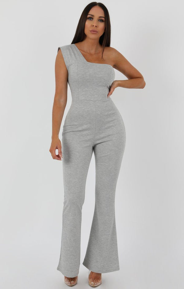 femme luxe Grey One Shoulder Ribbed Flare Jumpsuit - Clara